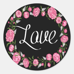 Adesivo Amor Floral Flor de Peônia Rosa Casamento Preto
