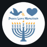 Adesivo Amor Hanukkah da paz<br><div class="desc">Festival do design de Hanukkah das luzes que diz o AMOR HANUKKAH da PAZ com uma pomba e um ramo de oliveira,  coração e menorah iluminado. Original de PinkInkArt!</div>