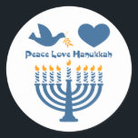 Adesivo Amor Hanukkah da paz<br><div class="desc">Festival do design de Hanukkah das luzes que diz o AMOR HANUKKAH da PAZ com uma pomba e um ramo de oliveira, coração e menorah iluminado. Original de PinkInkArt!</div>