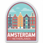 Adesivo Amsterdam Netherlands Viagem Art Vintage<br><div class="desc">Design de viagem de vetor retrô de Amsterdã em um estilo emblem. É conhecida pelo seu patrimônio artístico,  sistema de canal elaborado e casas estreitas com fachadas lenhosas,  legados da Era do Ouro do século XVII da cidade.</div>
