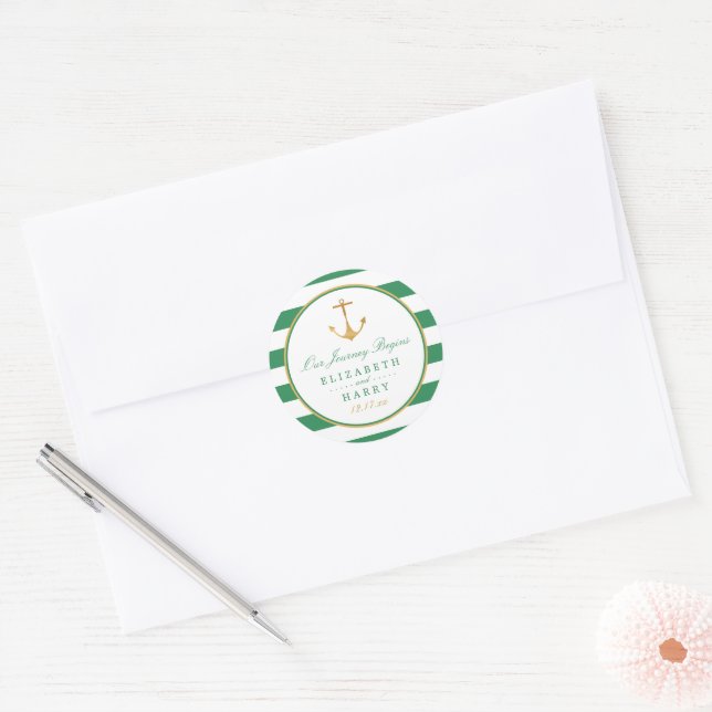 Adesivo Âncora Dourada, Casamento Verde e Dourado Marítimo (Envelope)