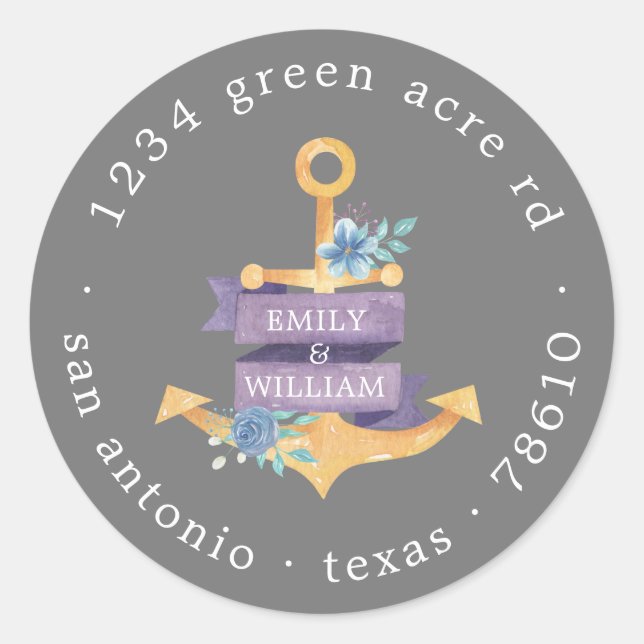Adesivo âncora floral dourada monograma endereço de devolu (Frente)