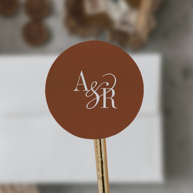 Adesivo ANDREA Terracota Monograma Simples Moderno Casamen (ANDREA Terracotta Modern Simple Wedding Monogram Classic Round Sticker)