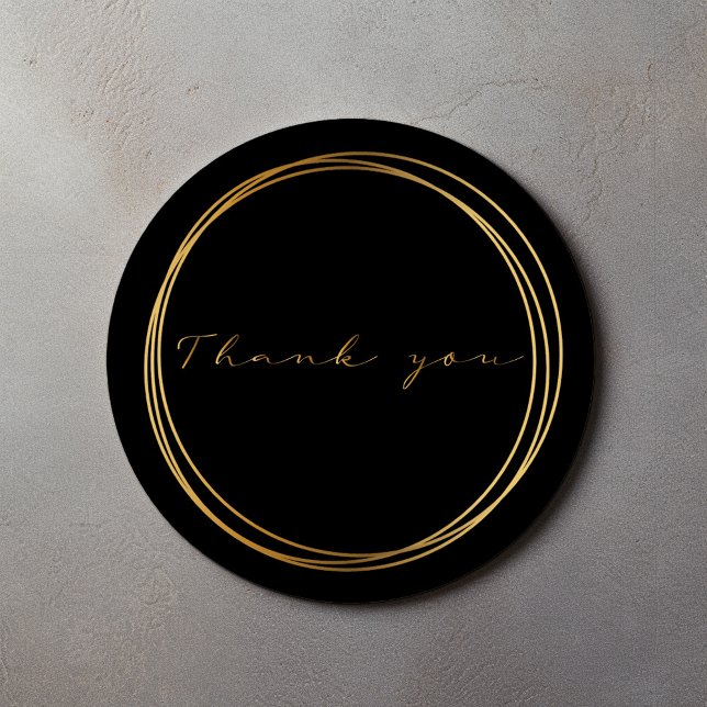 Adesivo Anéis pretos e dourados Agradecimento Moderno Eleg (Black round thank you sticker with gold script and double circle frame)
