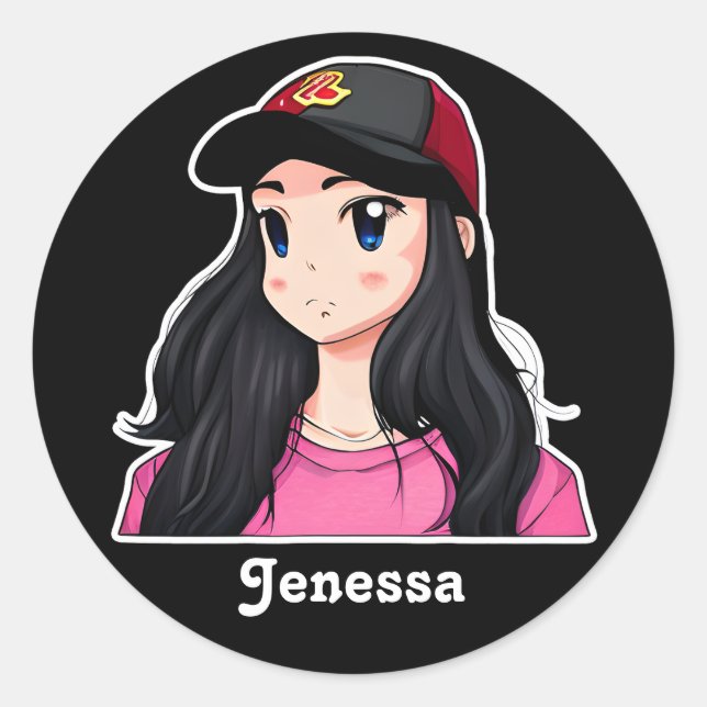 Adesivo Animadora de Cabelo Negro Olhado Azul Personalizad (Frente)