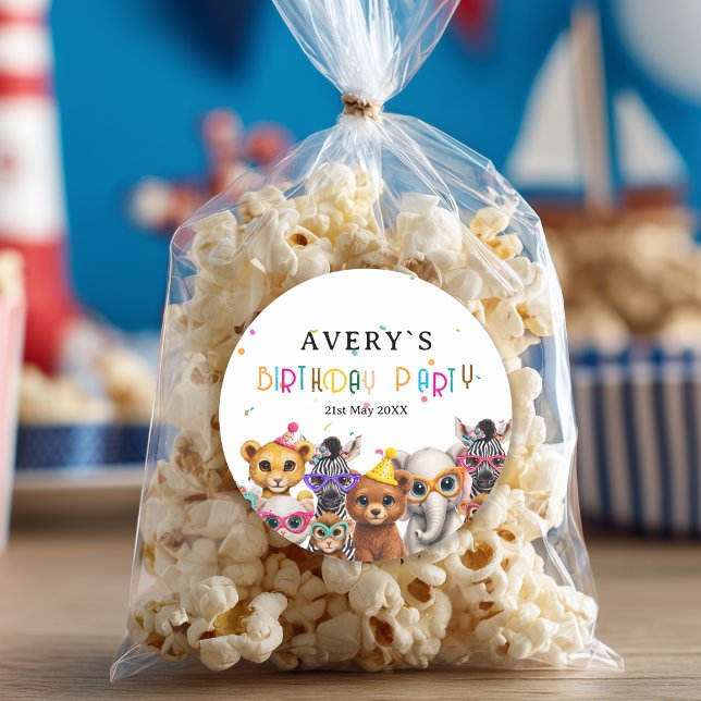 Adesivo Animais Aniversário de Crianças (Animals Kids Birthday Round Sticker with your Name and Date)