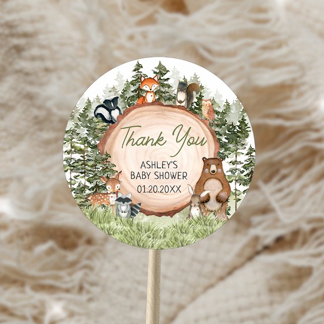 Adesivo Animais da Floresta Fatia de Madeira Chá de Bebê (Woodland Animals Wood Slice Baby Shower Sticker)