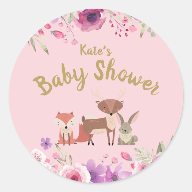 Adesivo Animais da Floresta Floral Rosa Chá de Bebê (Frente)