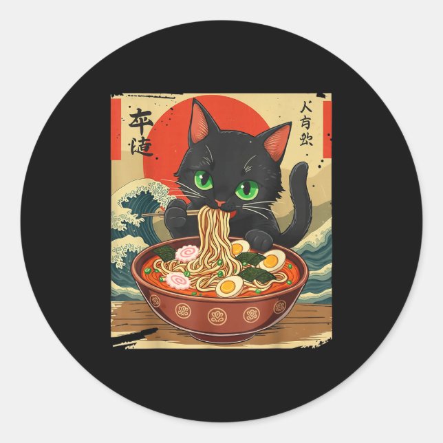 Adesivo Anime Cat Eating Ramen Japanese Art Graphic Cat Cu (Frente)