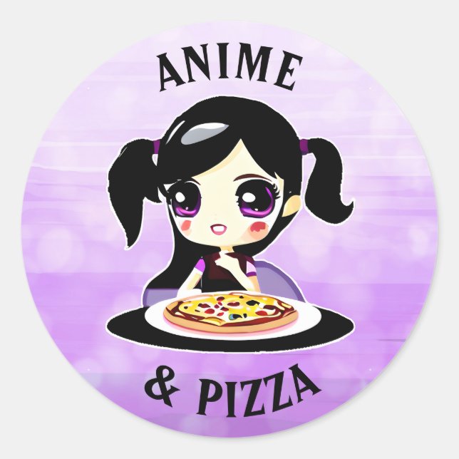 Adesivo Anime e Pizza - Cartoon Preto e Púrpura (Frente)