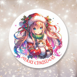 Adesivo Anime Girl in Santa Hat Watercolor Christmas