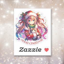 Adesivo Anime Girl in Santa Hat Watercolor Christmas