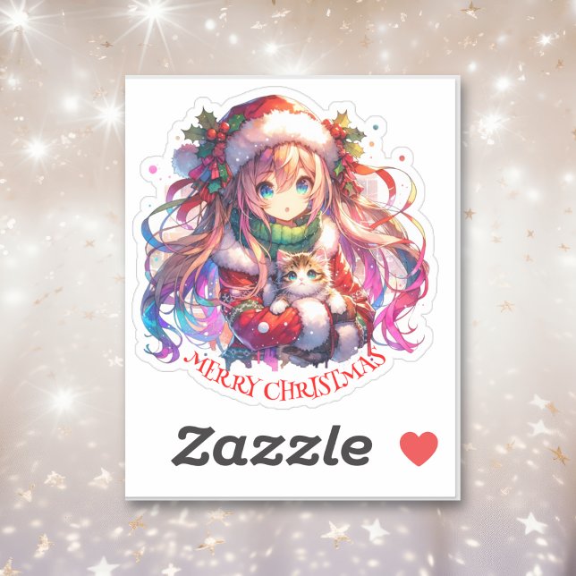 Adesivo Anime Girl in Santa Hat Watercolor Christmas (Criador carregado)