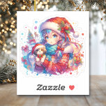 Adesivo Anime Girl in Santa Hat Watercolor Christmas<br><div class="desc">Garota de aquarela no chapéu de Papai Noel com adesivos de Natal para cachorros.</div>