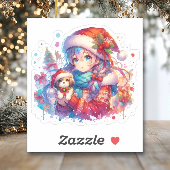 Adesivo Anime Girl in Santa Hat Watercolor Christmas (Criador carregado)