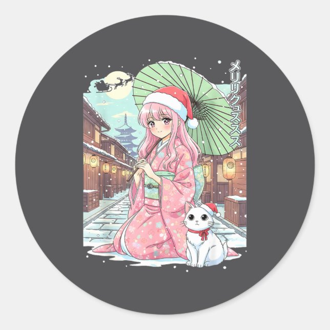 Adesivo Anime Kimono Girl Christmas Japan Cat Xmas Japan A (Frente)