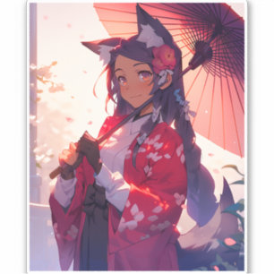 Adesivo Anime Kitsune Girl Cute Fox Fantasy Art