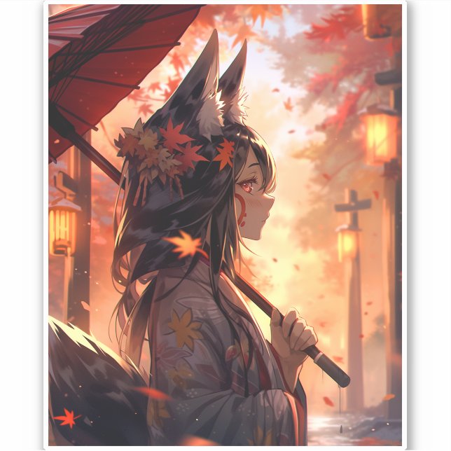 Adesivo Anime Kitsune Girl Cute Fox Fantasy Art (Frente)