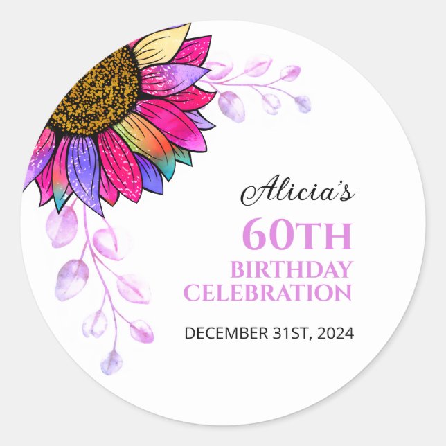 Adesivo Aniversário Colorido Roxo de Girassol (Frente)