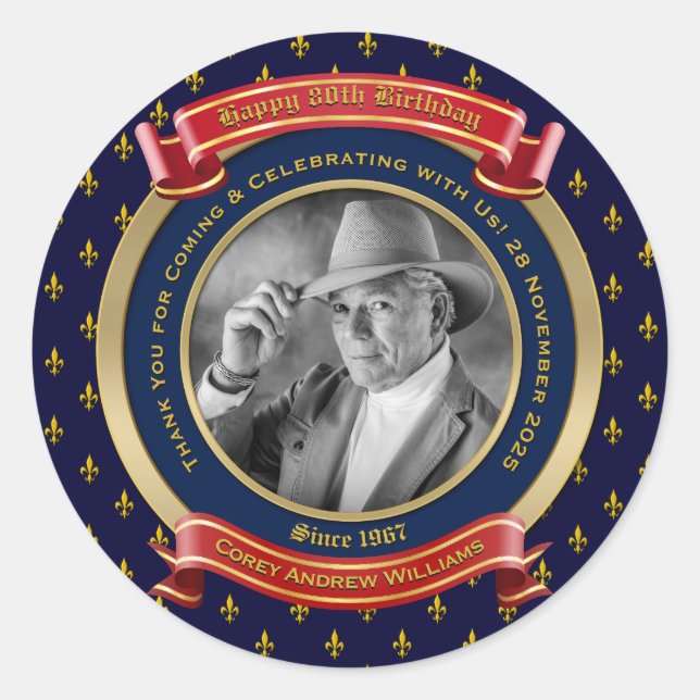 Adesivo Aniversário Comemorativo Dourado Foto 80 Anos Oite (Frente)