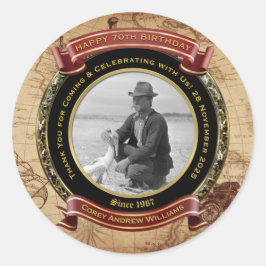 Adesivo Aniversário Comemorativo Dourado Foto Mapa Vintage