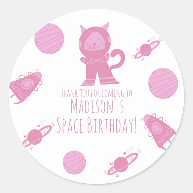 Adesivo Aniversário da Galáxia Rosa de Gato Espacial (Frente)