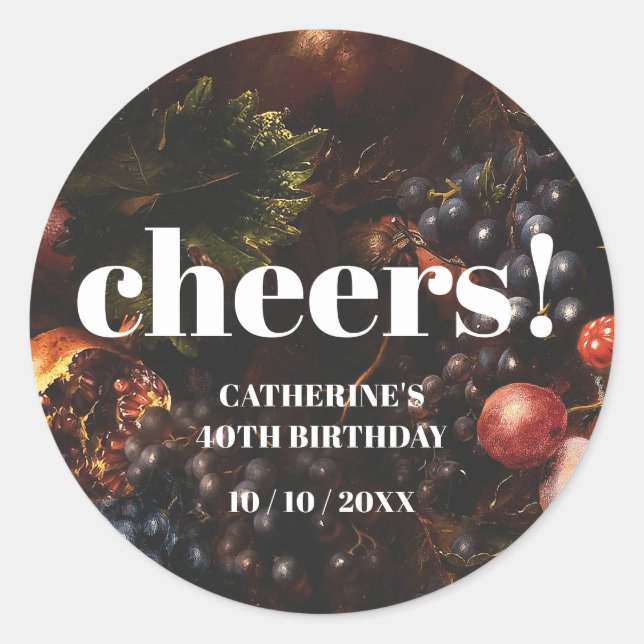 Adesivo Aniversário das Uvas Frutas da Borgonha Escura (Frente)