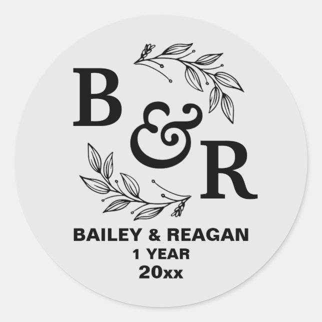 Adesivo Aniversário de 1º Casamento Monograma com Motivo d (Frente)