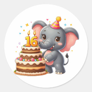 Adesivo Aniversário de 16 anos de Elefante Fofo