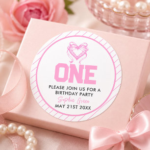 Adesivo Aniversário de 1 ano Coquette com Laço Rosa Fofo