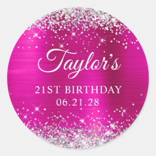 Adesivo Aniversário de 21 anos em Glitter Prateado Rosa Qu