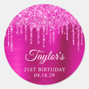Adesivo Aniversário de 21 anos Magenta Glitter Drips Metal