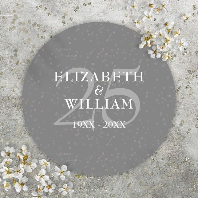 Adesivo Aniversário de 25 anos de Casamento Confetes de Pr (25th Wedding Anniversary Silver Stardust Confetti Classic Round Sticker)
