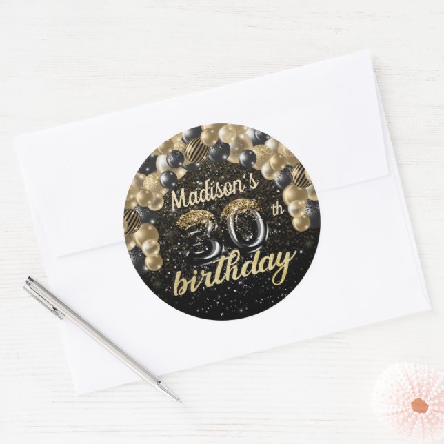 Adesivo Aniversário de 30 anos Personalizado Dourado Preto (Envelope)