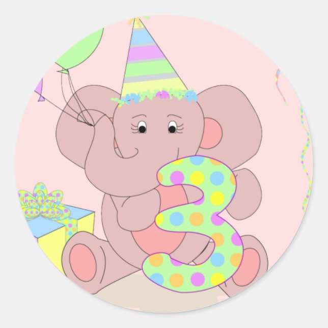 Adesivo aniversário de 3 anos Elephant Sticker for Girls (Frente)