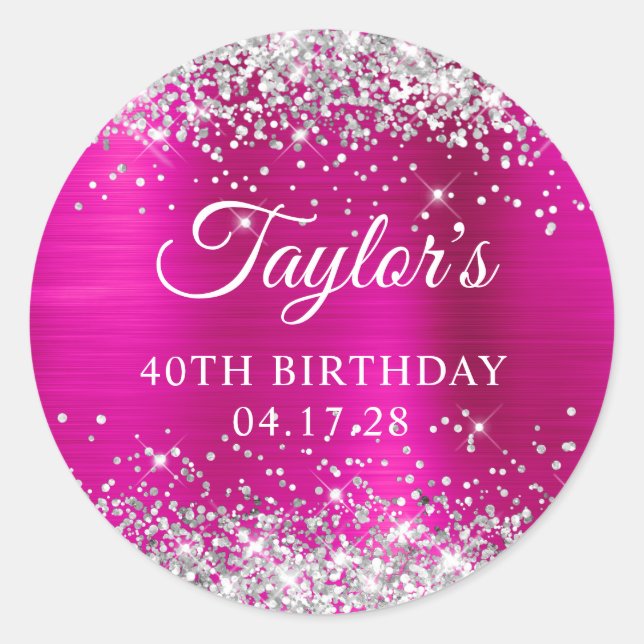 Adesivo Aniversário de 40 anos de folha rosa quente pratea (Frente)