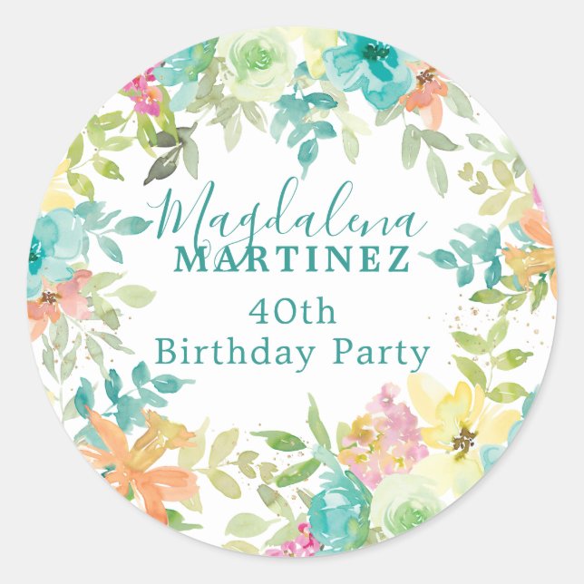 Adesivo Aniversário de 40 anos Floral Floral de Aquarela d (Frente)