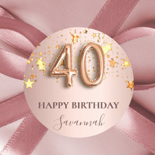 Adesivo aniversário de 40 anos rosa dourado estrelas cor-