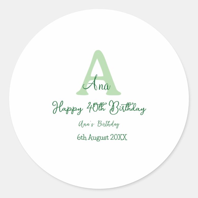 Adesivo Aniversário de 40 anos verde feliz adicionar nome  (Frente)