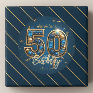 Adesivo Aniversário de 50 anos em Azul Safira e Dourado Jo