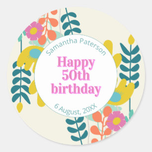 Adesivo aniversário de 50 anos floral moderno colorido bon