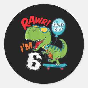 Adesivo Aniversário de 6 anos do menino T-rex Skateboardi