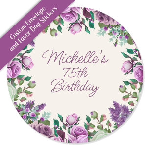 Adesivo Aniversário de 75 anos em Floral Aquarela Roxo Ver