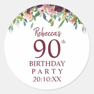 Adesivo Aniversário de 90 anos   Festa Floral Burgundy Mar