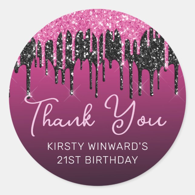 Adesivo Aniversário de brilho preto e rosa quente (Frente)
