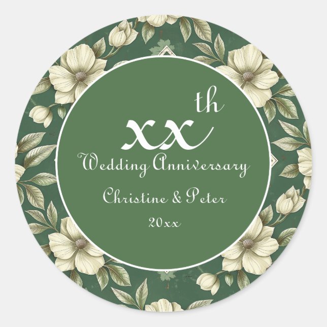 Adesivo Aniversário de Casamento Marfim Floral e Esmeralda (Frente)