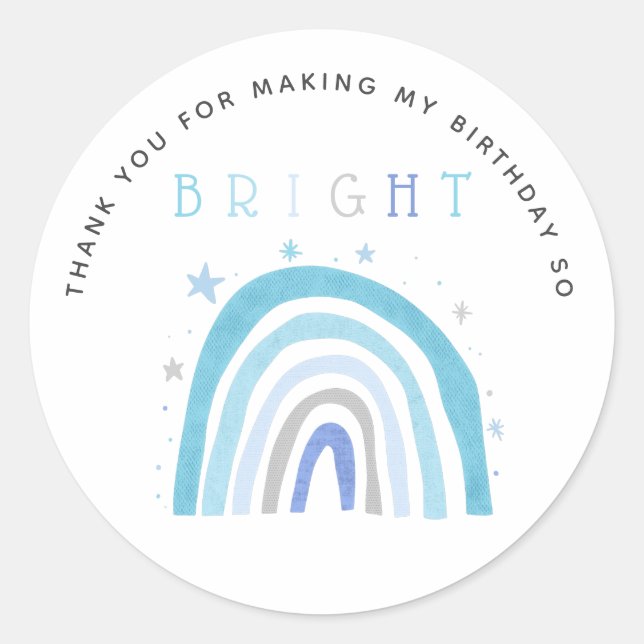 Adesivo Aniversário de criança Arco-Íris Azul, Favor Brilh (Frente)