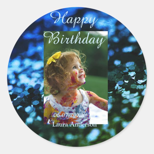 Adesivo Aniversário de criança de fotos azul verde-brilhan (Frente)