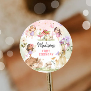 Adesivo Aniversário de Fada 1º Menina Floral Floresta Enca