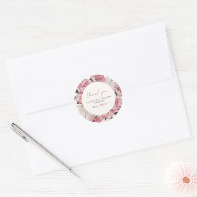 Adesivo Aniversário De Menina Floral Rosa Elegante Obrigad (Envelope)